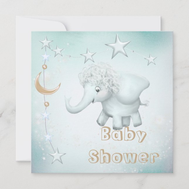 Nyckfull elefant-, måne- & stjärnababy shower inbjudningar (Framsida)
