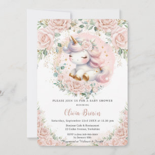 Nyckfull Enhörning Rosa Blommig Baby Shower Inbjudningar