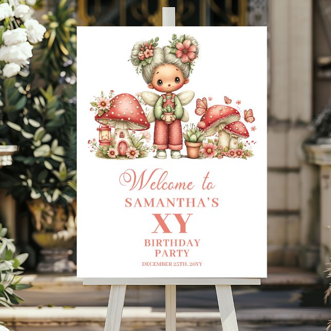 Nyckfull Fågel 4-års Födelsedag Rodnad Blommor Väl Poster (Whimsy Fairy 4th Birthday Blush Flowers Welcome Poster)