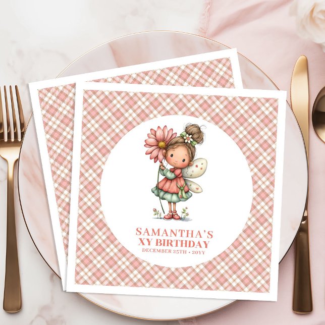 Nyckfull Fågel Flicka Rosa Blommor 7-års Födelseda Pappersservett (Whimsical Fairy Pink Flowers 7th Birthday Party Napkins)