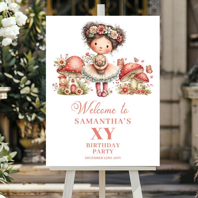 Nyckfull Fågel Födelsedag Blush Blommor Välkommen Poster (Whimsical Fairy 1st Birthday Blush Flowers Welcome Sign)
