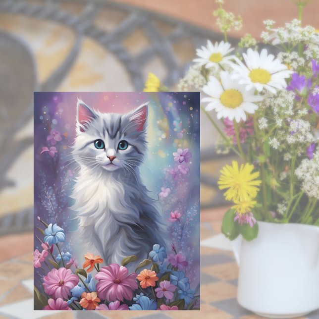 Nyckfull Fantasi Kattunge i Trädgård Katt Postkort Vykort (Magical Blooms, Pawsome Wishes! 🌸😺)
