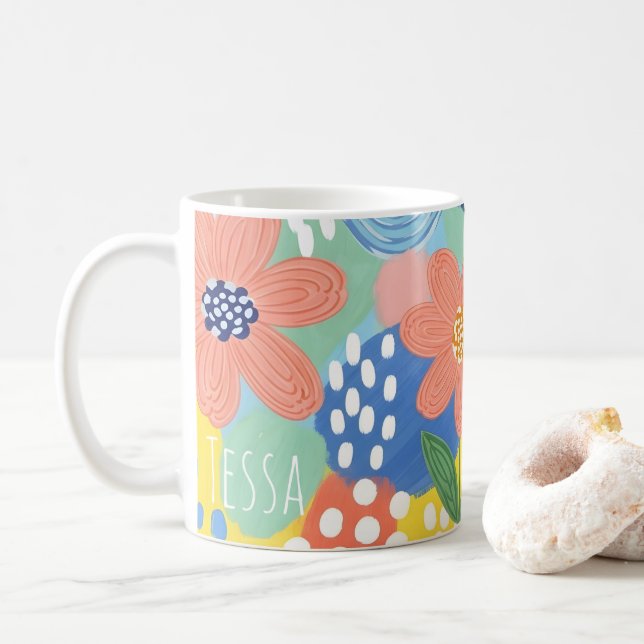 Nyckfull Färgrik Blommig Lekfull Botanisk Konst Kaffemugg (Med munk)