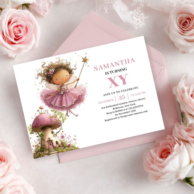 Nyckfull Fe-tjej 1-års Blush Rosa Inbjudningar (Whimsical Fairy Girl 1st Birthday Blush Pink invitation)
