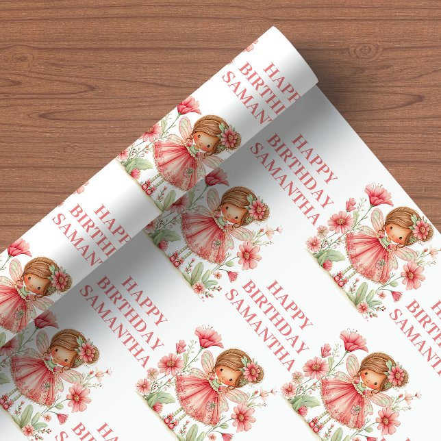 Nyckfull Fe-tjej 1-års Blush Rosa Presentpapper (Whimsical Fairy Girl 1st Birthday Blush Pink wrapping paper)