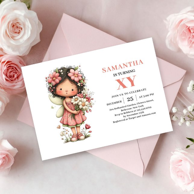 Nyckfull Fe-tjej 5-års Blush Rosa Inbjudningar (Whimsical Fairy Girl 5th Birthday Blush Pink invitation)