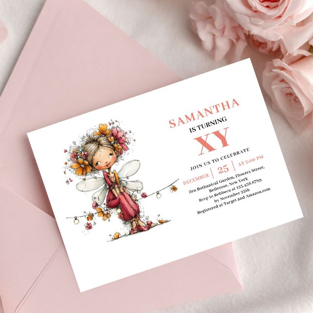 Nyckfull Fe-tjej 5-årsdag Blommig Rosa Inbjudningar (Whimsical Fairy Girl 5th Birthday Floral Pink invitation)