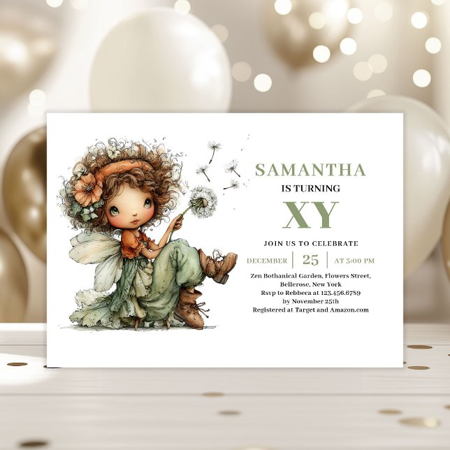 Nyckfull Fe-tjej 6-årsdag Dammig Grön Inbjudningar (Whimsical Fairy Girl 6th Birthday Dusty Green Invitation)