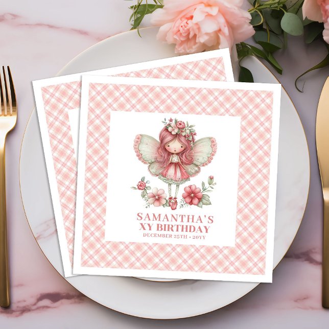 Nyckfull Fe-tjej 6-årsdag Rosa Blommor Pappersservett (Whimsical Fairy Girl 6th Birthday Pink Flowers napkins)