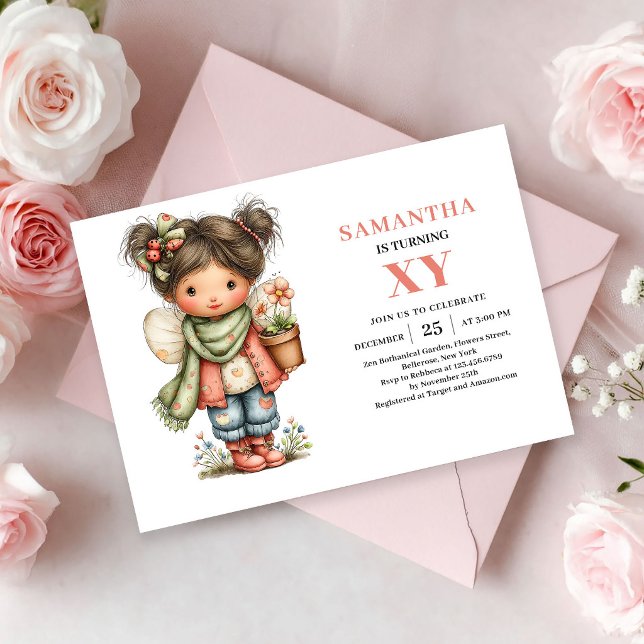 Nyckfull Fe-tjej Födelsedag Rodnad Blommig Rosa Inbjudningar (Whimsy Fairy Girl Birthday Blush Floral Pink invitation)