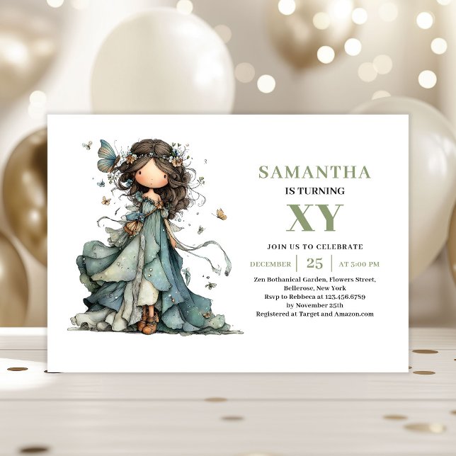 Nyckfull Fe-tjej Födelsedag Vis Floral Inbjudan (Whimsy Fairy Girl Birthday Sage Floral Invitation)