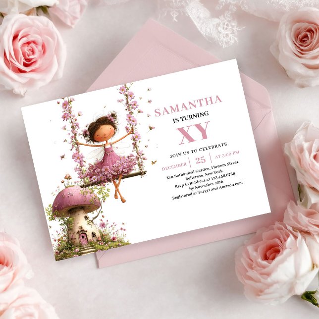 Nyckfull Fe-tjej Födelsedags Blush Rosa inbjudan (Whimsy Fairy Girl Birthday Blush Pink invitation)