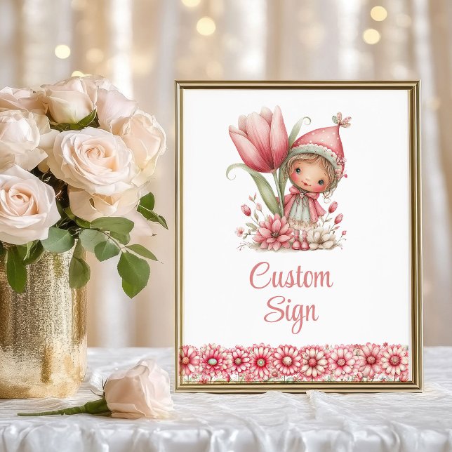 Nyckfull Fe-tjej Rodnad Blommig Födelsedag Anpassa Poster (Whimsy Fairy Girl Blush Floral Birthday Custom Sign

)