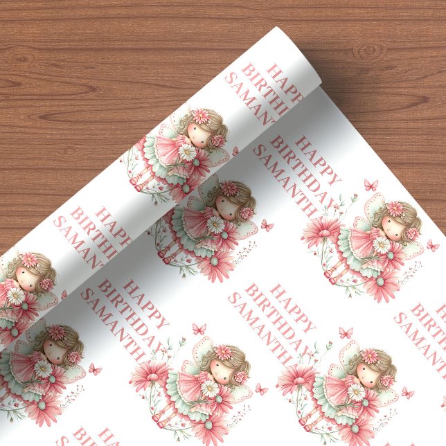 Nyckfull Fe-tjej Rodnad Blommig Födelsedag Presentpapper (Whimsical Fairy Girl Blush Floral Birthday Wrapping Paper

)
