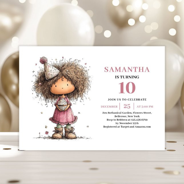 Nyckfull Flicka 10-års Födelsedagsinbjudan Rosa Ko Inbjudningar (Whimsy Toddler Girl 10th Birthday Invite Pink Card)
