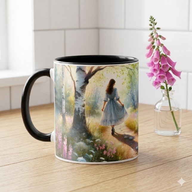 Nyckfull flicka dansar genom björkskog mugg (Whimsical Girl Dancing Through Birch Forest Mug)