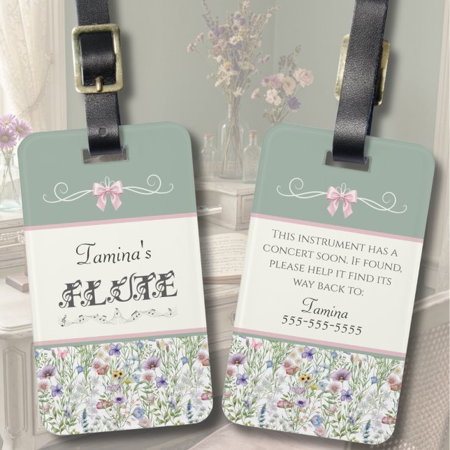Nyckfull flöjt elev instrumentfodral tagg bagagebricka (Floral Flute Case Tag | Whimsical Botanical Aesthetic | Perfect Personalized Gift for Flutists)