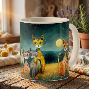 Nyckfull Folk Art Katter i Midnatts Trädgård Kaffemugg