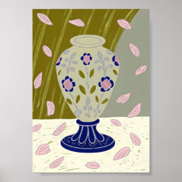 Nyckfull Folk Art Keramisk Vas med Fallande Rosa Poster