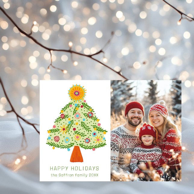Nyckfull Folk Julgran ANPASSAD FOTO Julkort (Whimsical Folk Christmas Tree CUSTOM PHOTO Holiday Card
)