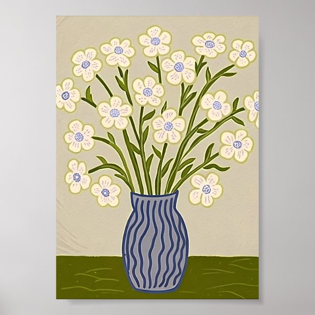 Nyckfull Folklig Konst Vit Blommig Illustration Poster (Framsidan)