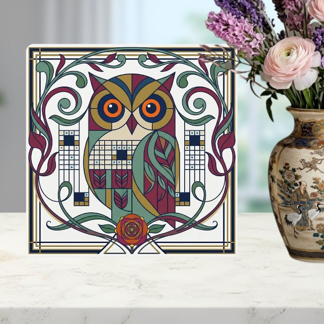 Nyckfull geometrisk uggla Art Nouveau blomster ker Kakelplatta (Skapare uppladdad)