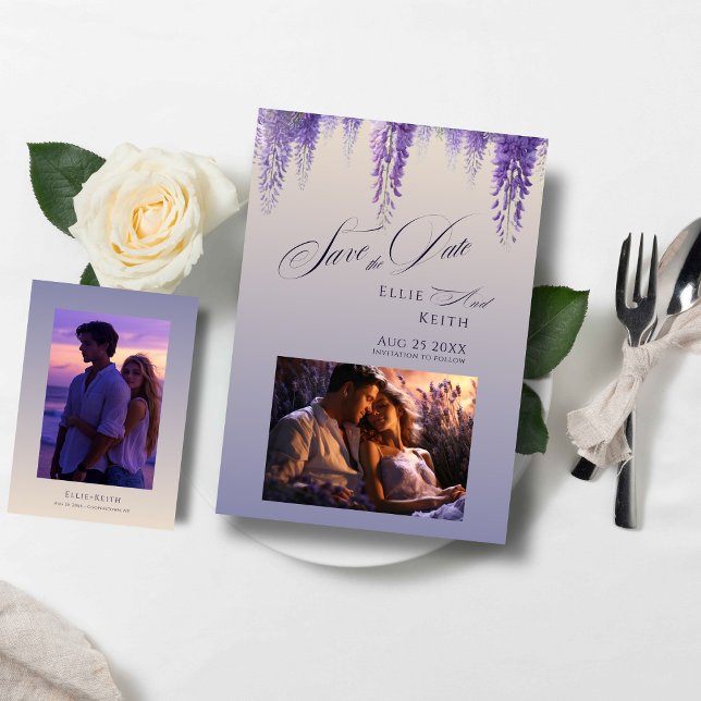 Nyckfull Gradient Lila Blommig 2 Foto Bröllop Spara Datumet (Skapare uppladdad)