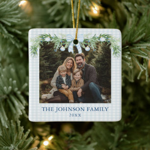 Nyckfull Grandmillenial Blå Band Familjefoto Julgransprydnad Keramik