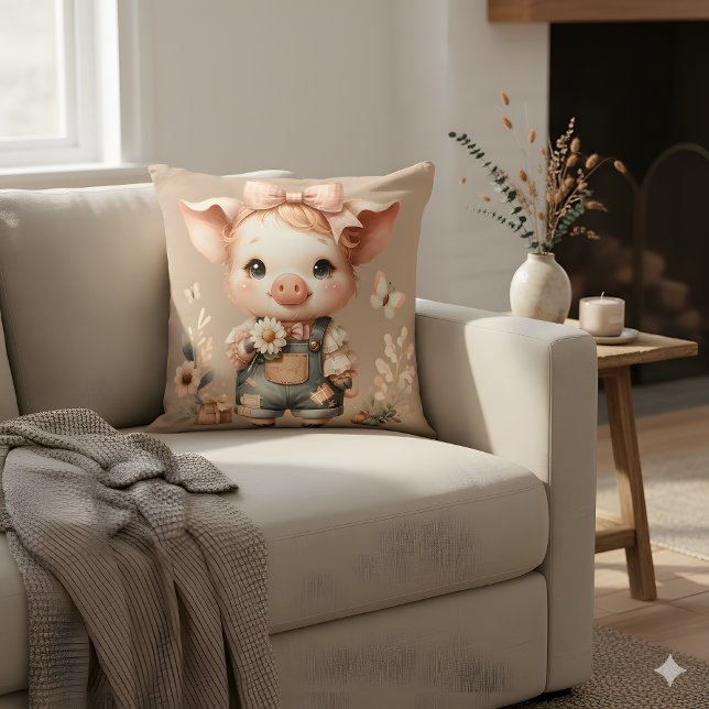 Nyckfull Gris i Pastellfärgade Overaller Brun Kudde (Whimsical Piglet in Pastel Overalls Brown Throw Pillow Mockup)