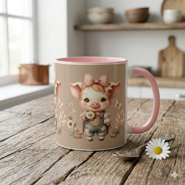 Nyckfull Gris i Pastellfärgade Overaller Brun Mugg (Whimsical Piglet in Pastel Overalls Brown Mug)