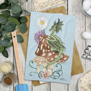 Nyckfull Grön Fantasi Drak Svamp Blommor Kökshandduk