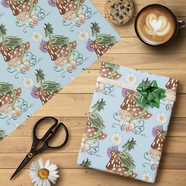 Nyckfull Grön Fantasi Drak Svamp Blommor Presentpapper (Skapare uppladdad)