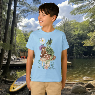Nyckfull Grön Fantasi Drak Svamp Blommor T Shirt