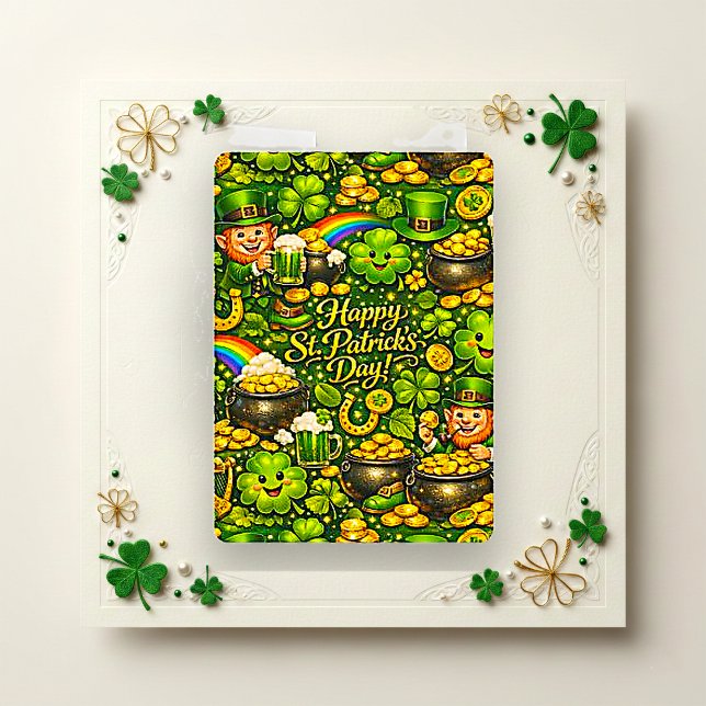 Nyckfull Guld Shamrock Festiv Leprechaun Mönster Julkort (Skapare uppladdad)