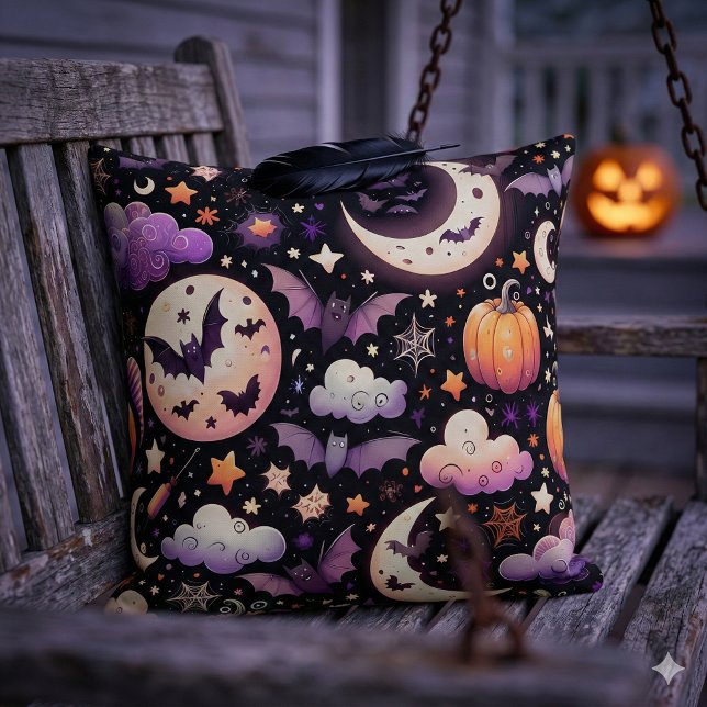 Nyckfull halloween-natt himmel-mönster kudde (Whimsical Halloween Night Sky Pattern Throw Pillow Mockup B)