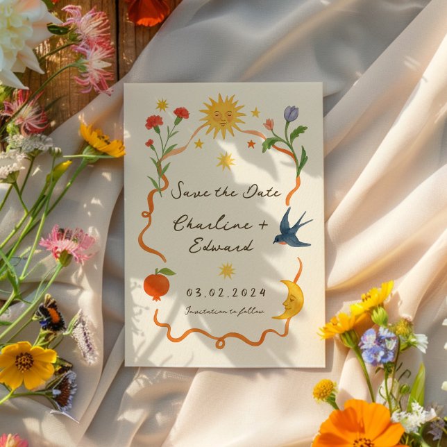 Nyckfull handmålad handskriven sol och måne spara datumet (Skapare uppladdad)