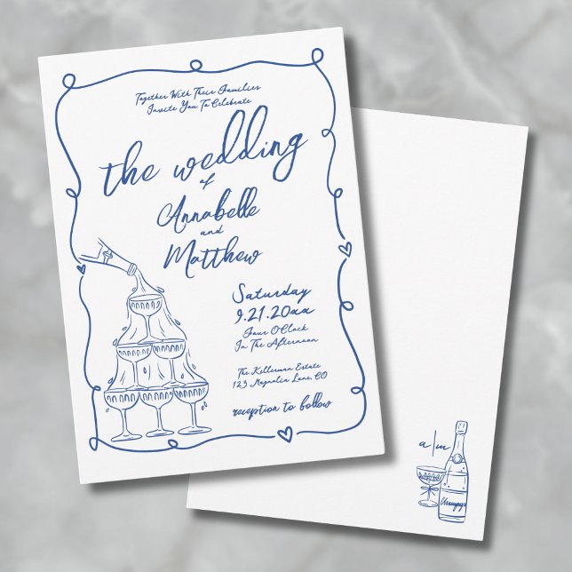 Nyckfull Handritad Blå Bröllop Inbjudningar (Whimsical Hand Drawn Blue Wedding Invitation)