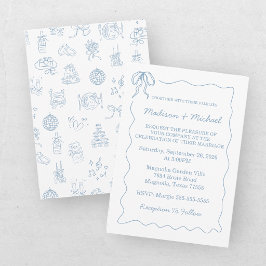 Nyckfull Handritad Blå Illustrerad Bröllop Inbjudningar