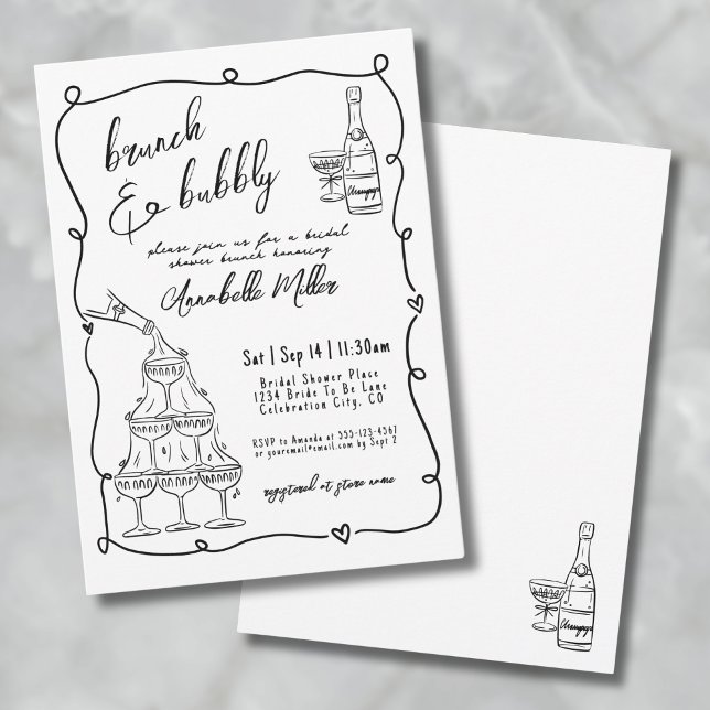 Nyckfull Handritad Brunch Pricken Bröllopsdusch Inbjudningar (Whimsical Hand Drawn Brunch Bubbly Bridal Shower Invitation)