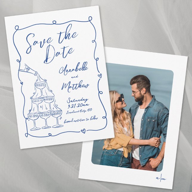 Nyckfull Handritad Foto Blå Bröllop Spara Datumet (Whimsical Hand Drawn Photo Blue Wedding Save the Date)