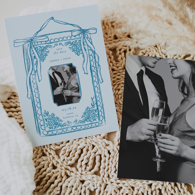 Nyckfull Handritad Spar Dagen Blå Foto Inbjudningar (Whimsical Handrawn Save the Date Blue Photo Invitation)