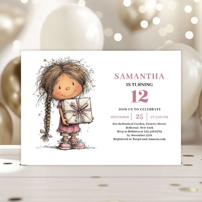 Nyckfull inbjudan till födelsedagsfest för liten f (Whimsy Toddler Girl Birthday Invite Dusty Pink Download)