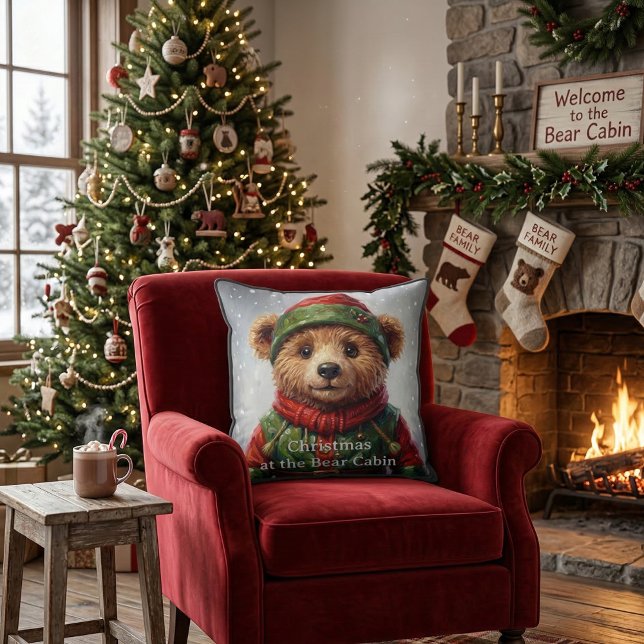 Nyckfull jul Tomte Nallebjörn Folklore Kudde (Cute Festive Teddy Bear Elf, whimsical storybook woodland animal Christmas Cushion, Holiday Pillow)