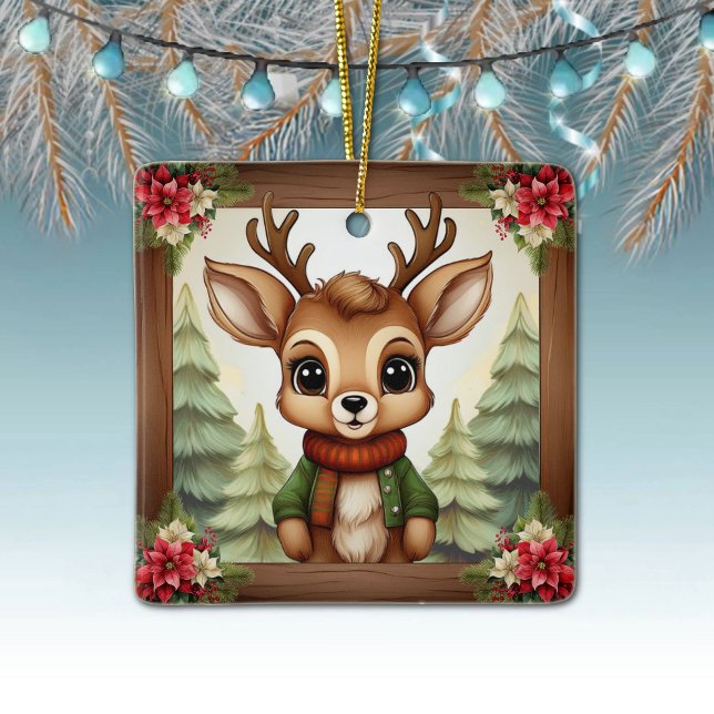 Nyckfull julgran med renar juldekoration (Whimsical Xmas Reindeer Holiday Decoration Adorable Deer Antlers rustic square ceramic ornament 🦌🎄)