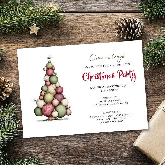 Nyckfull julgran Röd Grön Högtidlig Inbjudan (Whimsical Christmas Tree Red Green Holiday Invite)
