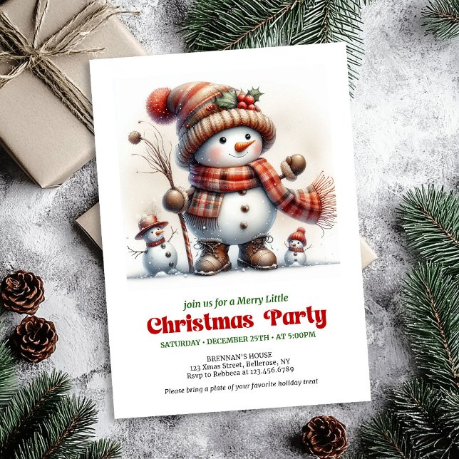 Nyckfull julgran snömannen inbjuder barnen rolig D Inbjudningar (Whimsical Christmas snowman invite kids fun editable

)