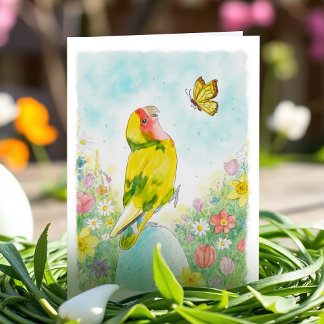 Nyckfull Kärleksfågel Påsk Söt Akvarell Blommor Helgkort