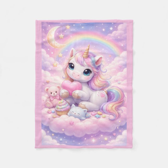 Nyckfull Kawaii Pastell Enhörning & Vänner På Moln Fleecefilt (Framsidan)