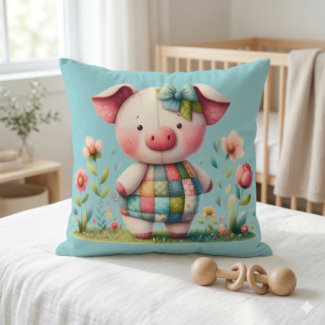 Nyckfull lapptäcke gris i blomsterträdgård kudde (Whimsical Patchwork Pig in Floral Garden Throw Pillow Mockup A)