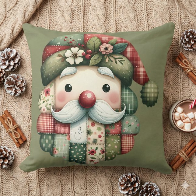 Nyckfull lappteknik jul tomte folk julfirande kudde (Whimsical Patchwork Santa Folk Christmas Throw Pillow Mockup A)